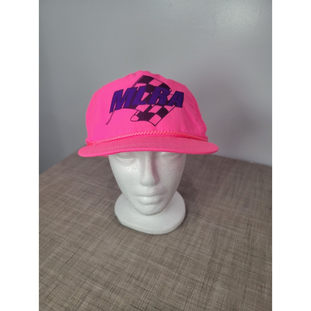 Vintage AmaPro MLRA Racing Hat Neon Pink Nylon Snapback Checkered Flag Cap 90s